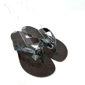 Tory Burch Thora Metallic Silver Snake Embossed Leather Sandals Women’s Size 6